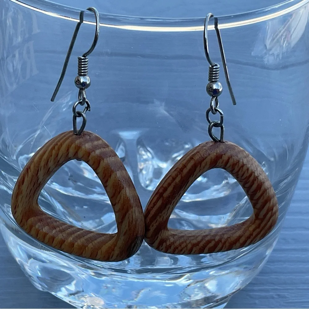 Wood triangle dangle earrings handmade lightweight 1.5” pierced